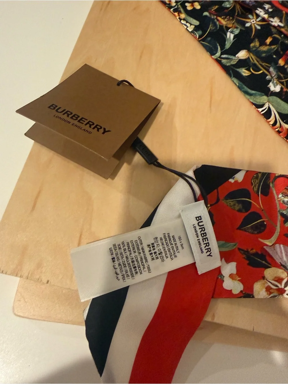 Burberry Red & Black Floral Silk Twilly